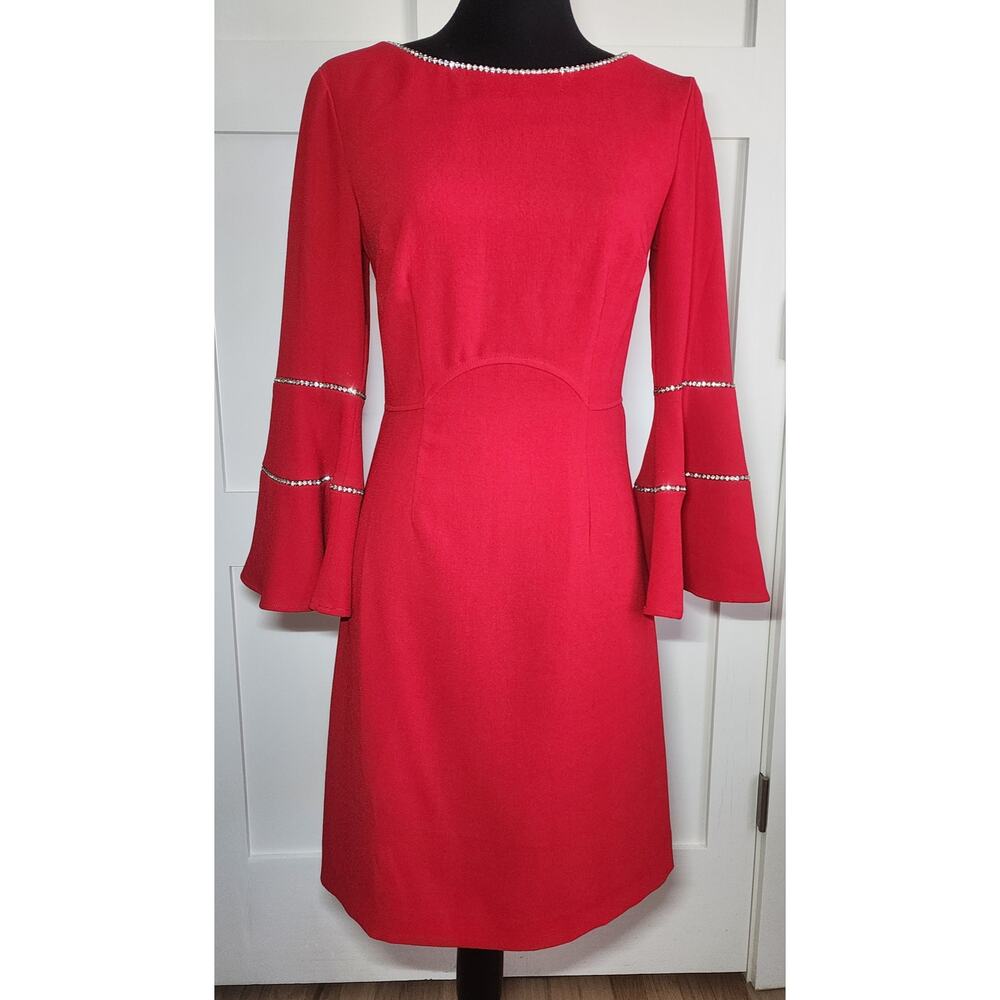 Trina Turk Socialite Ruby Red Embellished Bell Sleeves Dress Womens Size 2